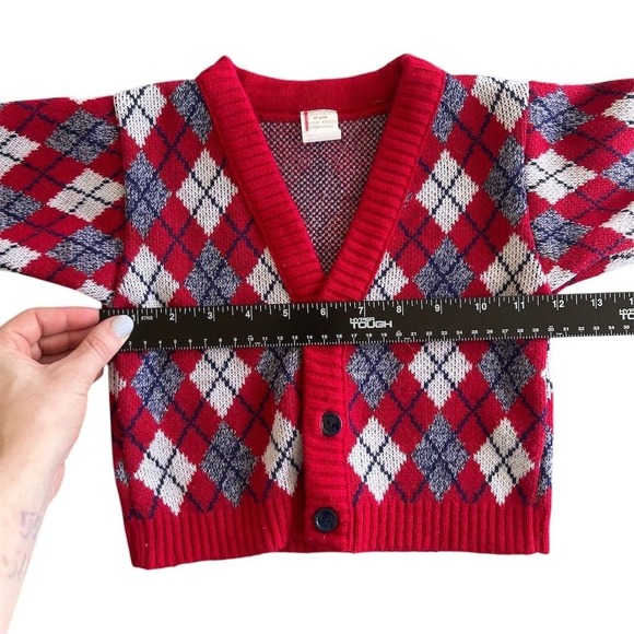 Vintage 80s Red Argyle Knit Cardigan Sweater 18-24M Toddler Boys Fall Winter - Picture 3 of 7